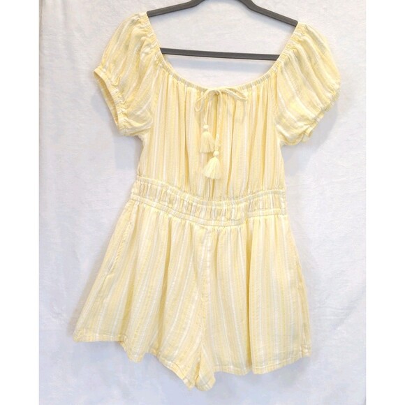 American Eagle Romper Size L Butter Yellow White Striped Off Shoulder Tassels - Picture 1 of 11